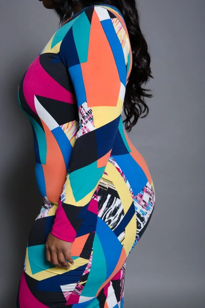 Plus Size Colorful Long Sleeved Geometric Tube Dress