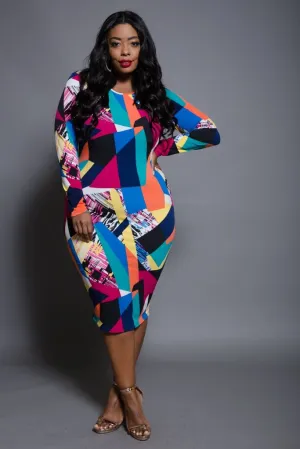 Plus Size Colorful Long Sleeved Geometric Tube Dress