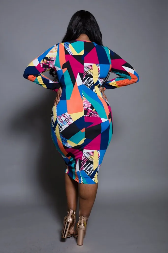 Plus Size Colorful Long Sleeved Geometric Tube Dress