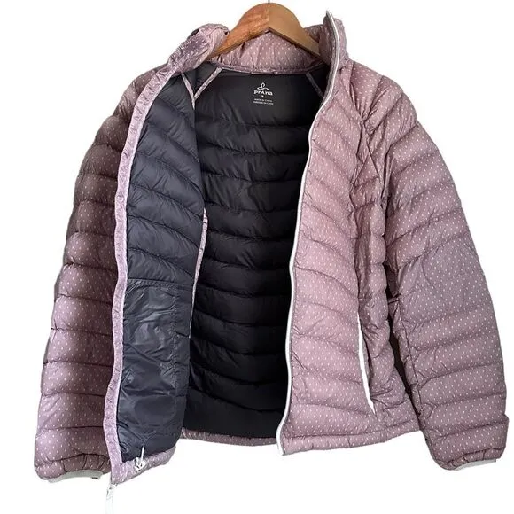 PrAna Lyra Women M Pink Dot Down Jacket Packable Puffer Water Resistant Travel