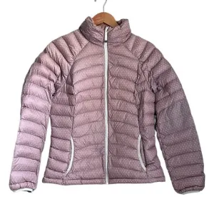 PrAna Lyra Women M Pink Dot Down Jacket Packable Puffer Water Resistant Travel
