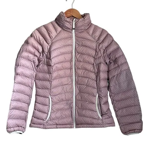 PrAna Lyra Women M Pink Dot Down Jacket Packable Puffer Water Resistant Travel