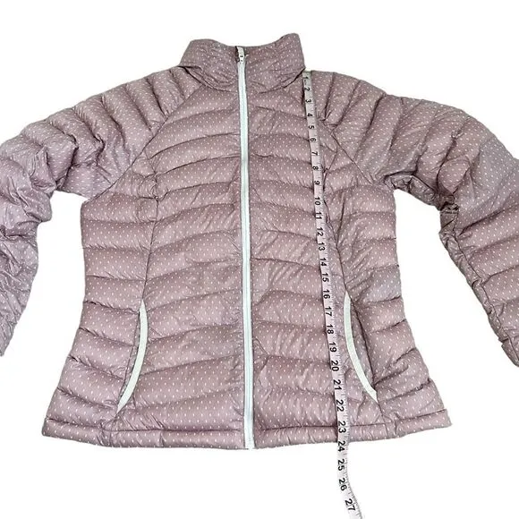 PrAna Lyra Women M Pink Dot Down Jacket Packable Puffer Water Resistant Travel