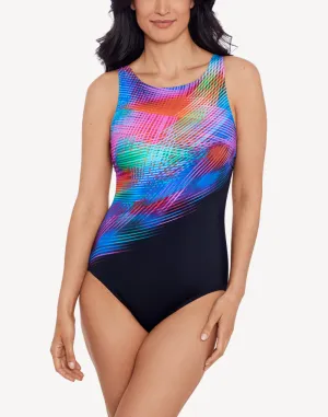Prismatic Crosshatch High Neck One Piece