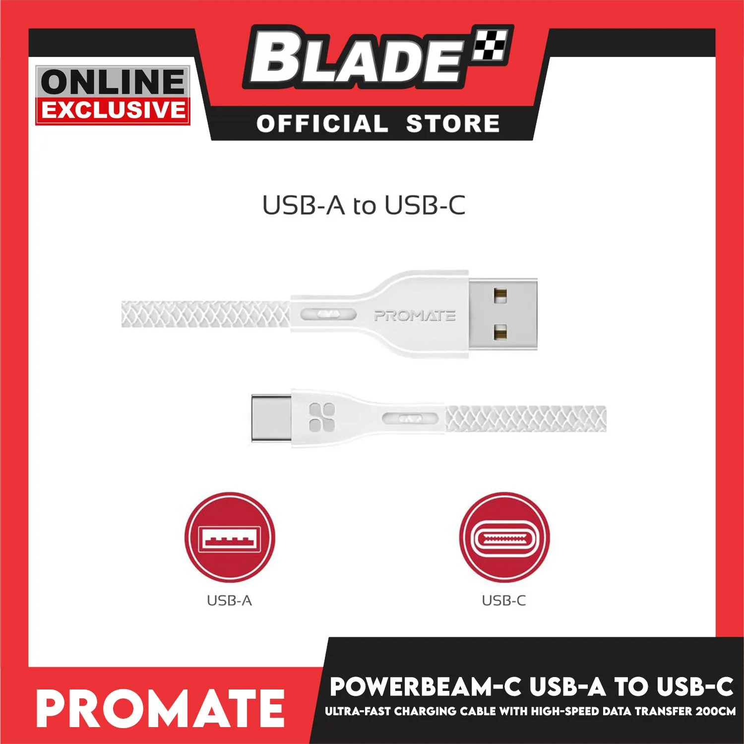 Promate 120cm Data and Charge USB-A to USB-C Cable PowerBeam-C (White) High Tensile Strength