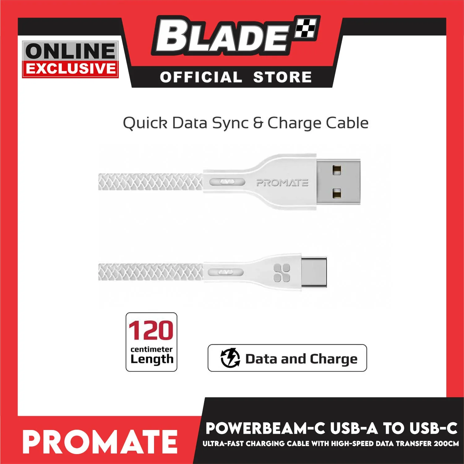 Promate 120cm Data and Charge USB-A to USB-C Cable PowerBeam-C (White) High Tensile Strength