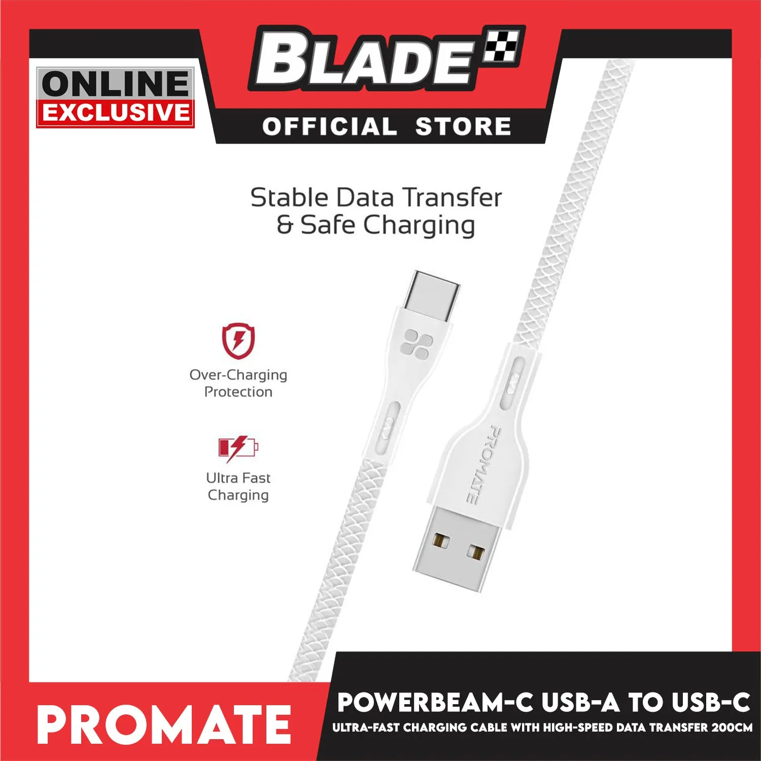 Promate 120cm Data and Charge USB-A to USB-C Cable PowerBeam-C (White) High Tensile Strength
