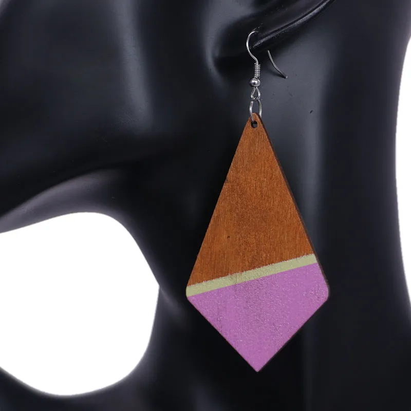 Purple Wooden Geometric Pentagon Dangle Earrings