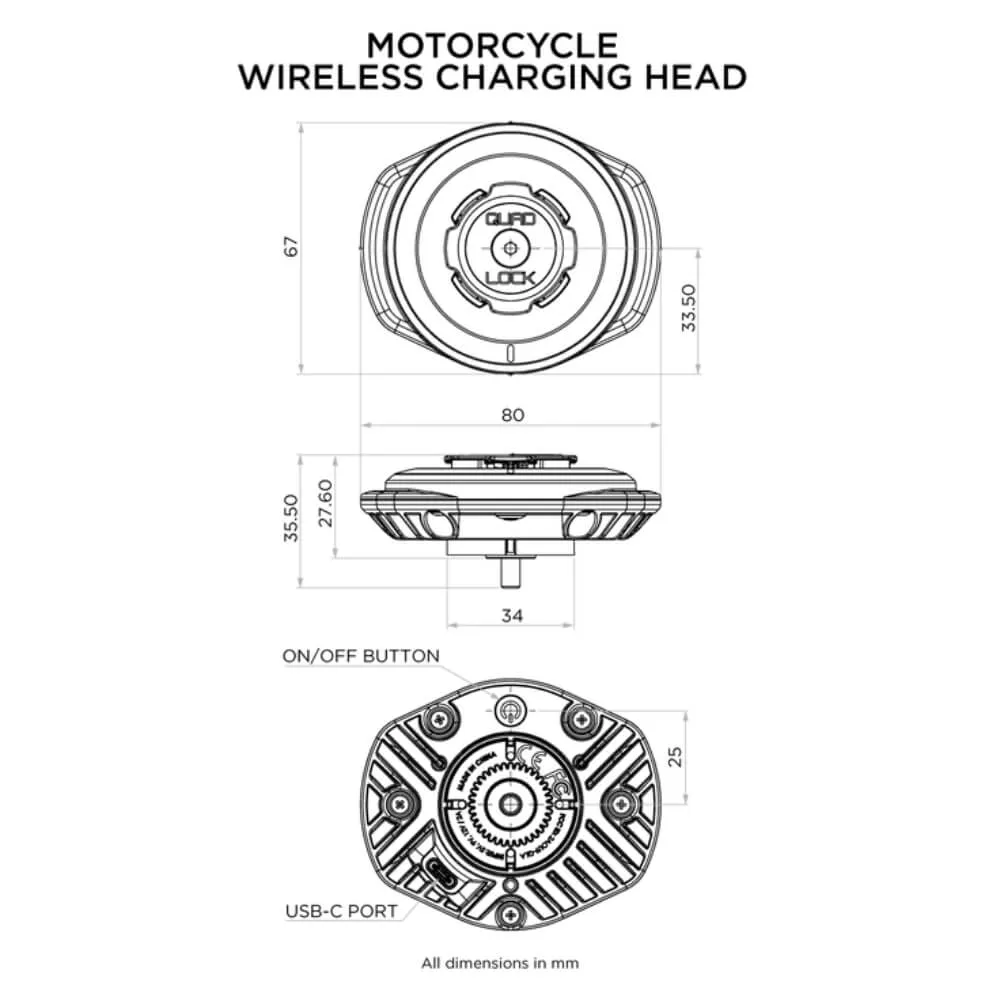 Quad Lock Motorcycle Weatherproof Wireless Charging Head
