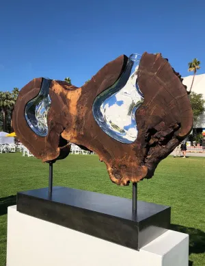 "Double Walnut Round" Live Edge Walnut Burl with Handblown Clear Glass