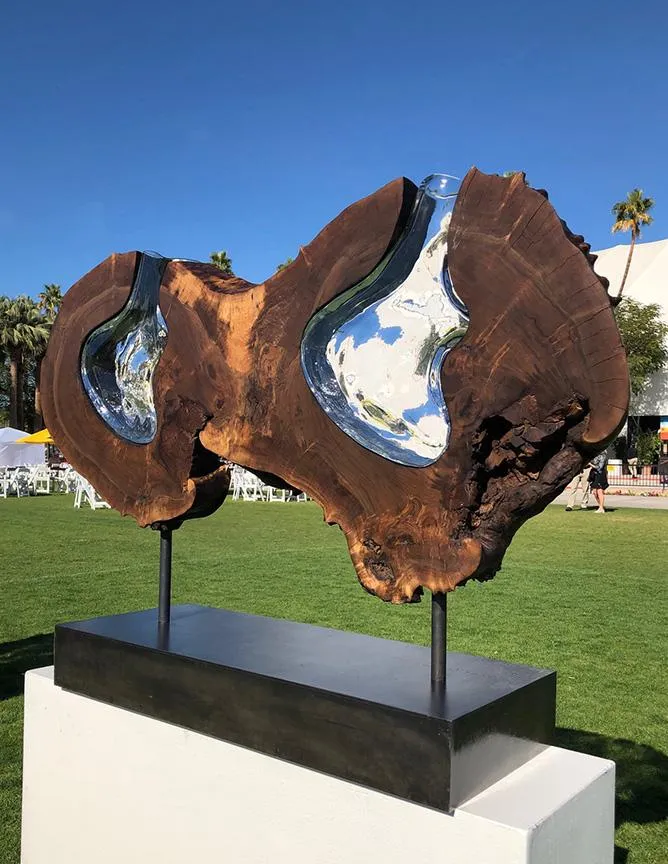 "Double Walnut Round" Live Edge Walnut Burl with Handblown Clear Glass