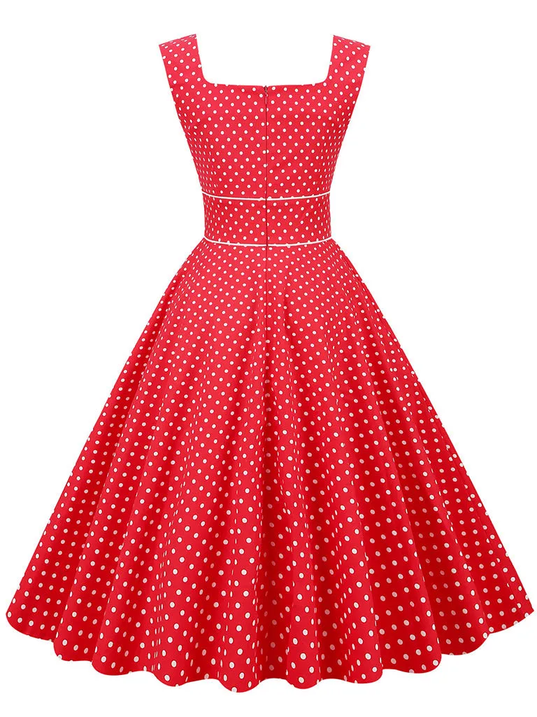 Red Polka Dots Sleeveless 1950S Vinatge Dress With Pockets