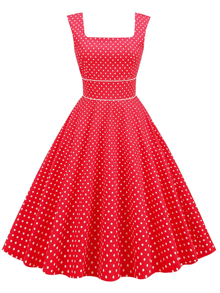 Red Polka Dots Sleeveless 1950S Vinatge Dress With Pockets