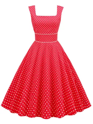 Red Polka Dots Sleeveless 1950S Vinatge Dress With Pockets