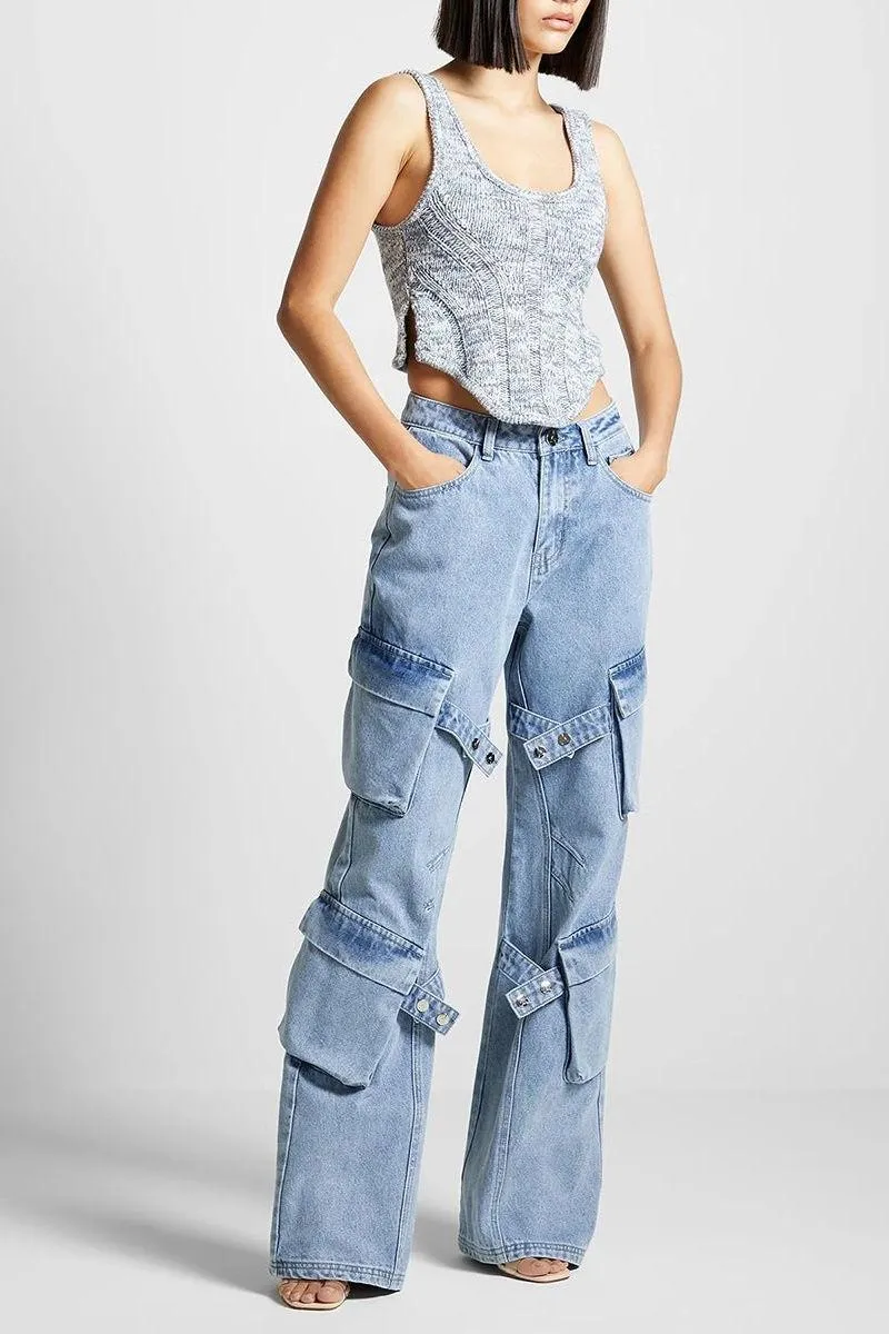 Retro multi-pocket design strap jeans