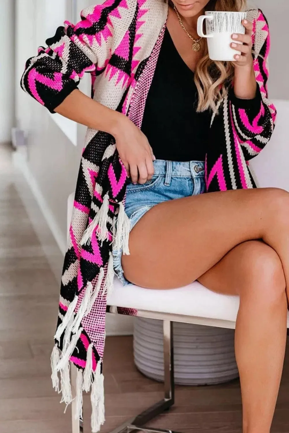 Rose Geometric Print Tassel Design Cardigan