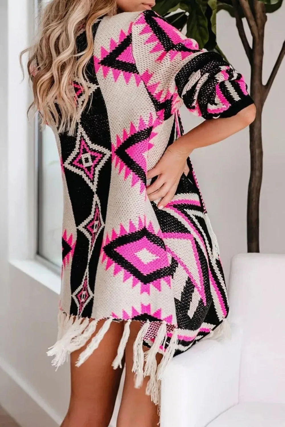 Rose Geometric Print Tassel Design Cardigan