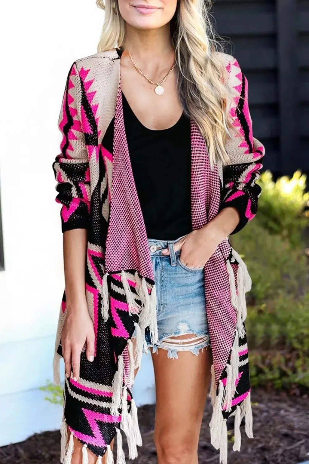 Rose Geometric Print Tassel Design Cardigan