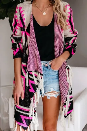 Rose Geometric Print Tassel Design Cardigan