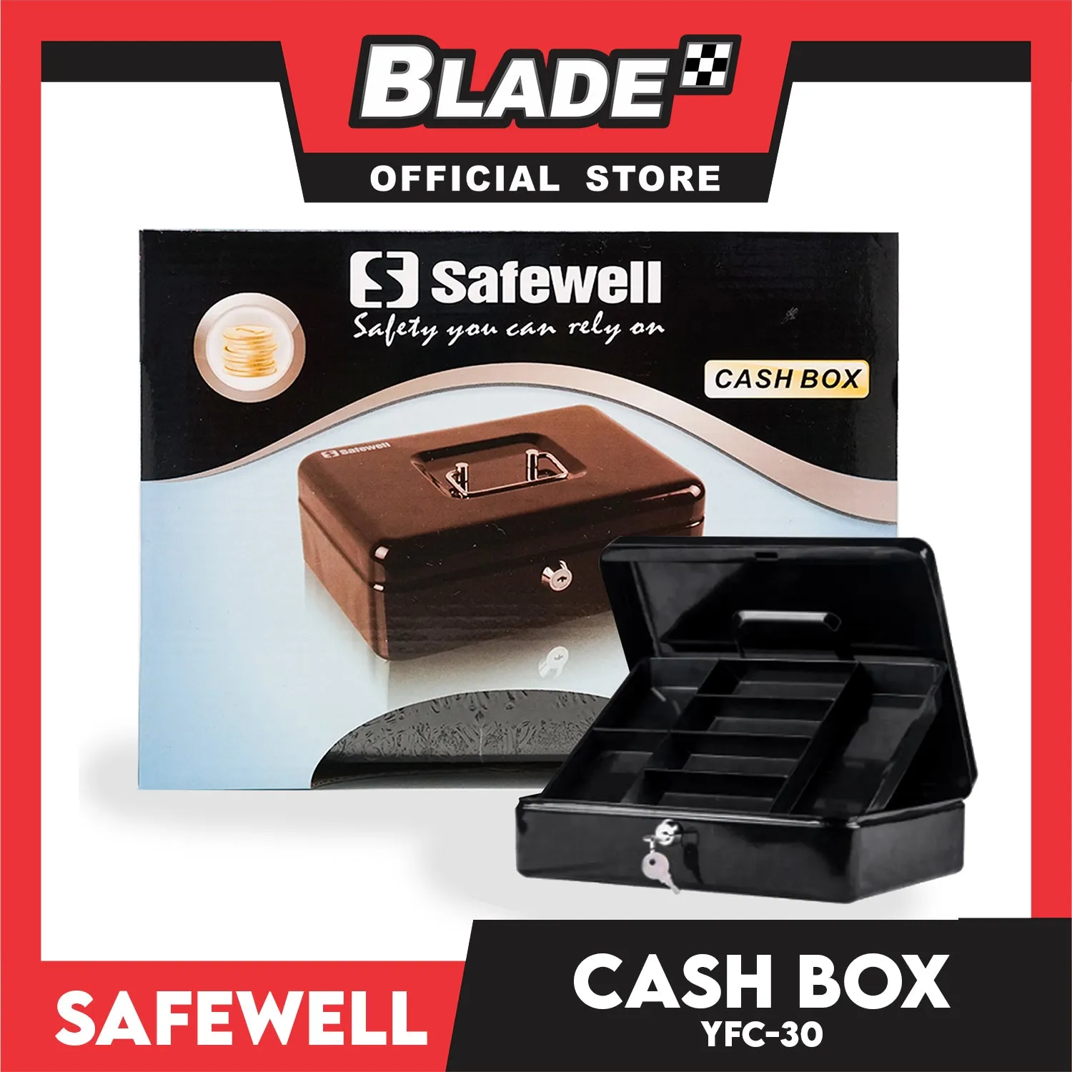 Safewell Cash Box YFC-30 (Black) Anti-Rust, Peeling Resistant Finish, Cash Box & Vault Storage Organizer