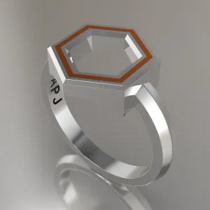 Silver Geometric Hexagon Ring, Orange Resin Solid Sterling Silver Standard Design