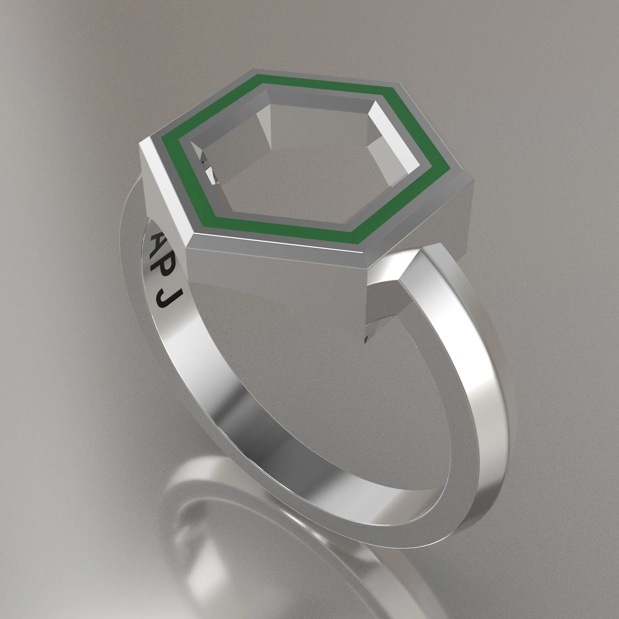 Silver Geometric Hexagon Ring, Transparent Green Resin Solid Sterling Silver Standard Design