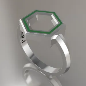 Silver Geometric Hexagon Ring, Transparent Green Resin Solid Sterling Silver Standard Design