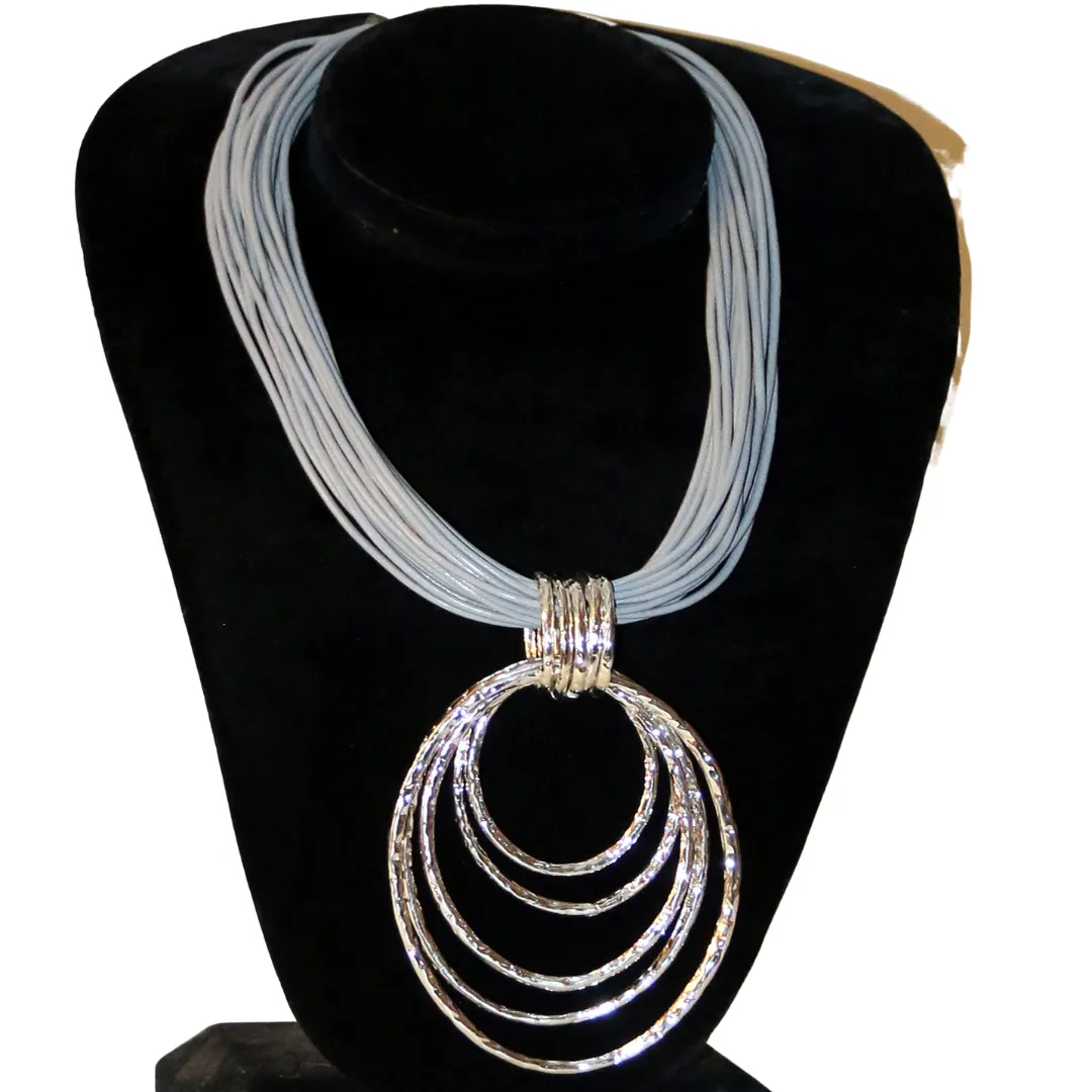 Silver Oblong Pendant Necklace with Grey Strands