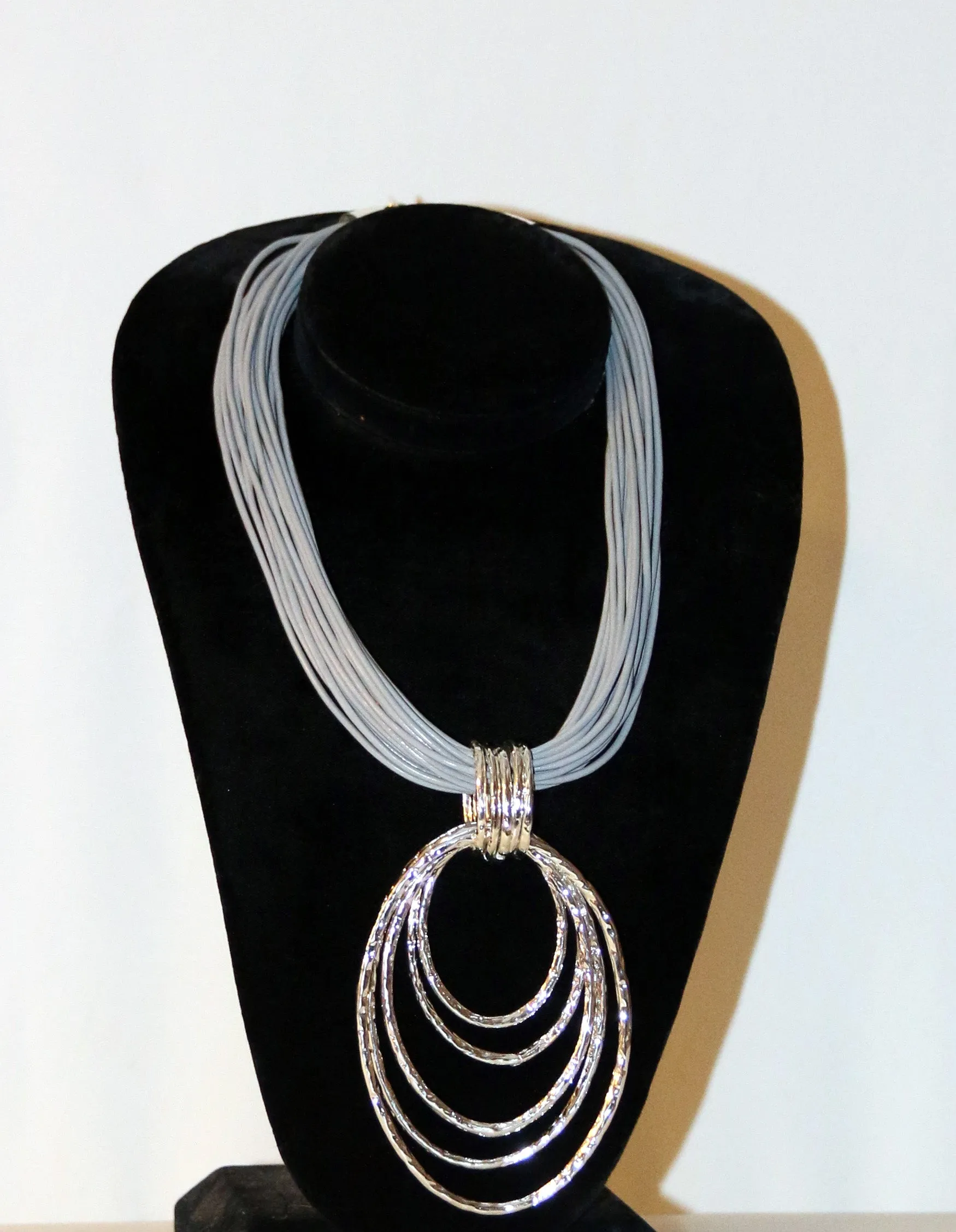Silver Oblong Pendant Necklace with Grey Strands