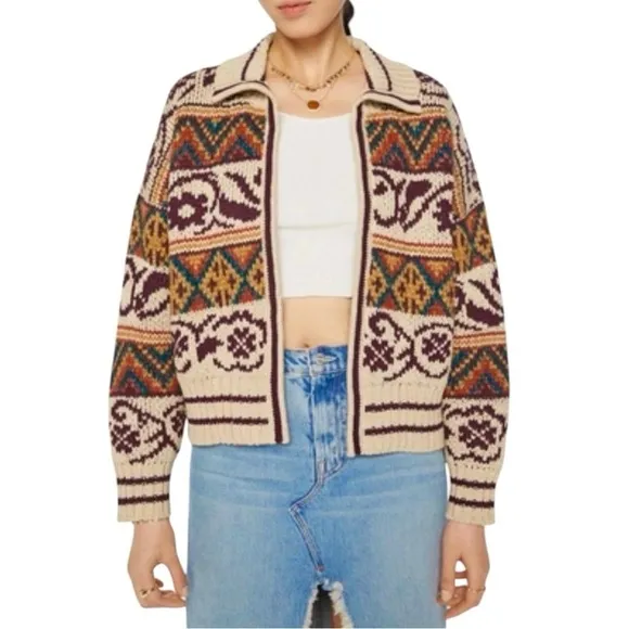 Sloan Rouge Knit Sweater Cardigan Sz.XL Multi Fair Isle Nordic Full Zip Cottage
