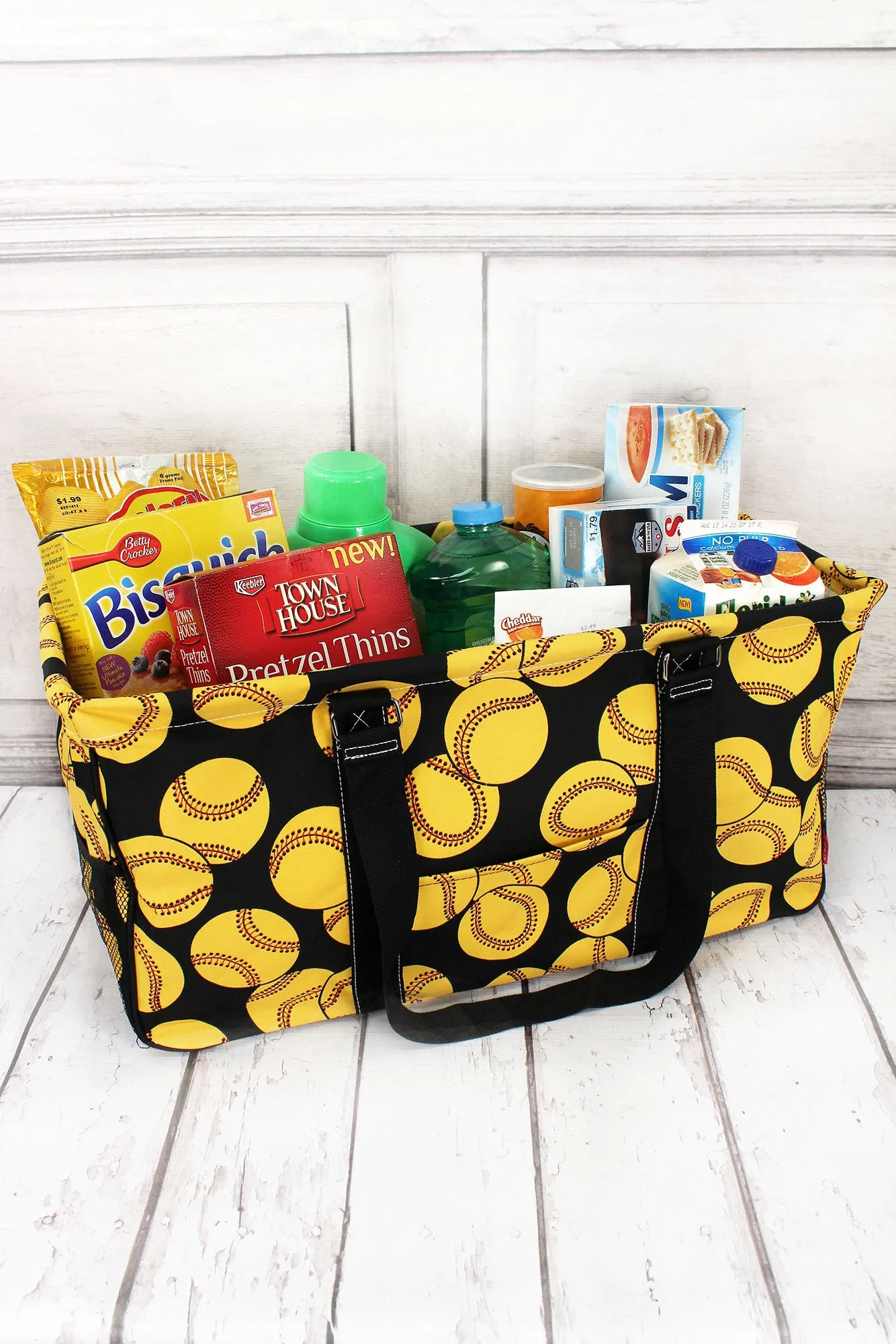 Softball with Black Trim Collapsible Haul-It-All Basket with Mesh Pockets