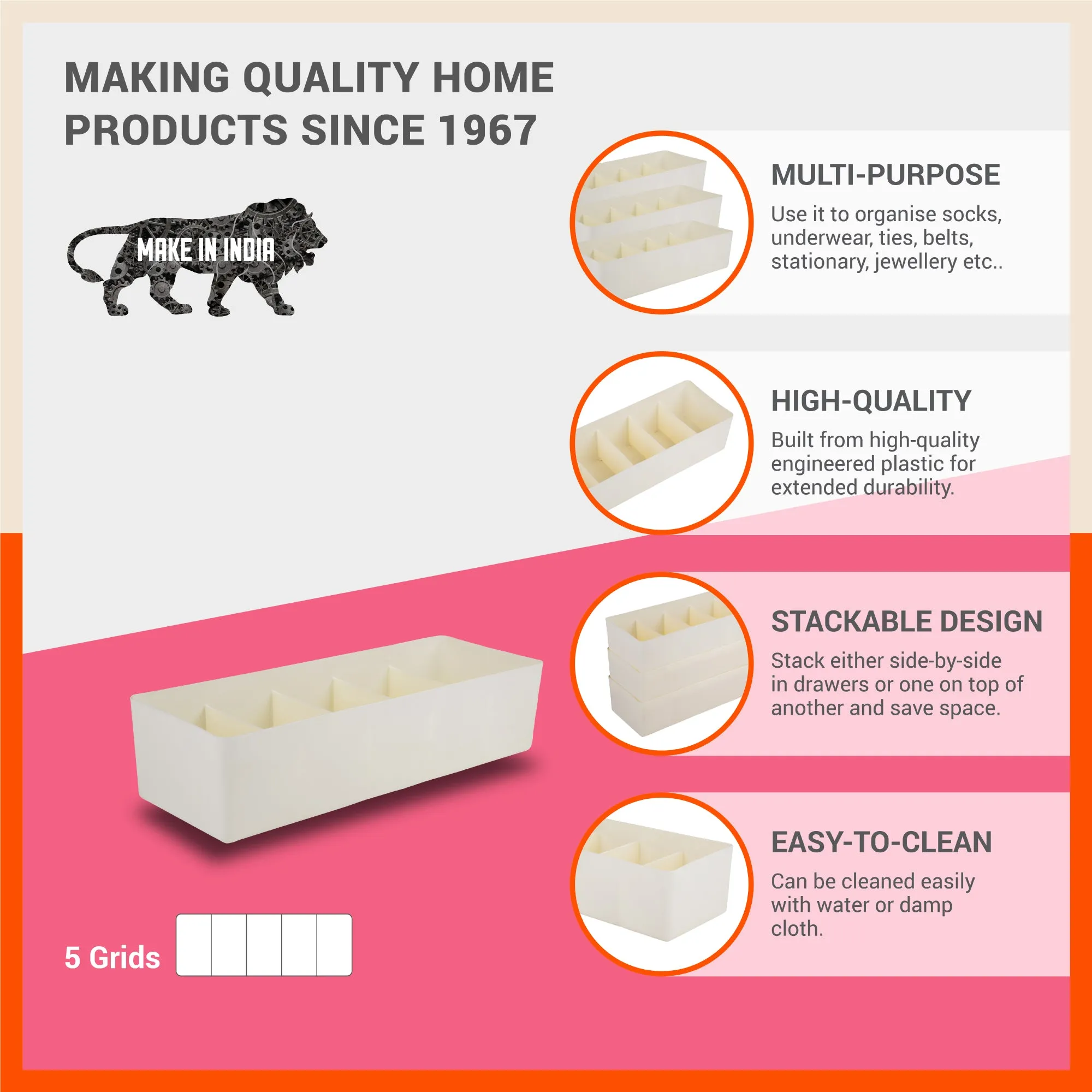 Stomo Dori Multi-Purpose Stackable Drawer Organizer For Home | Ivory - Set of 4