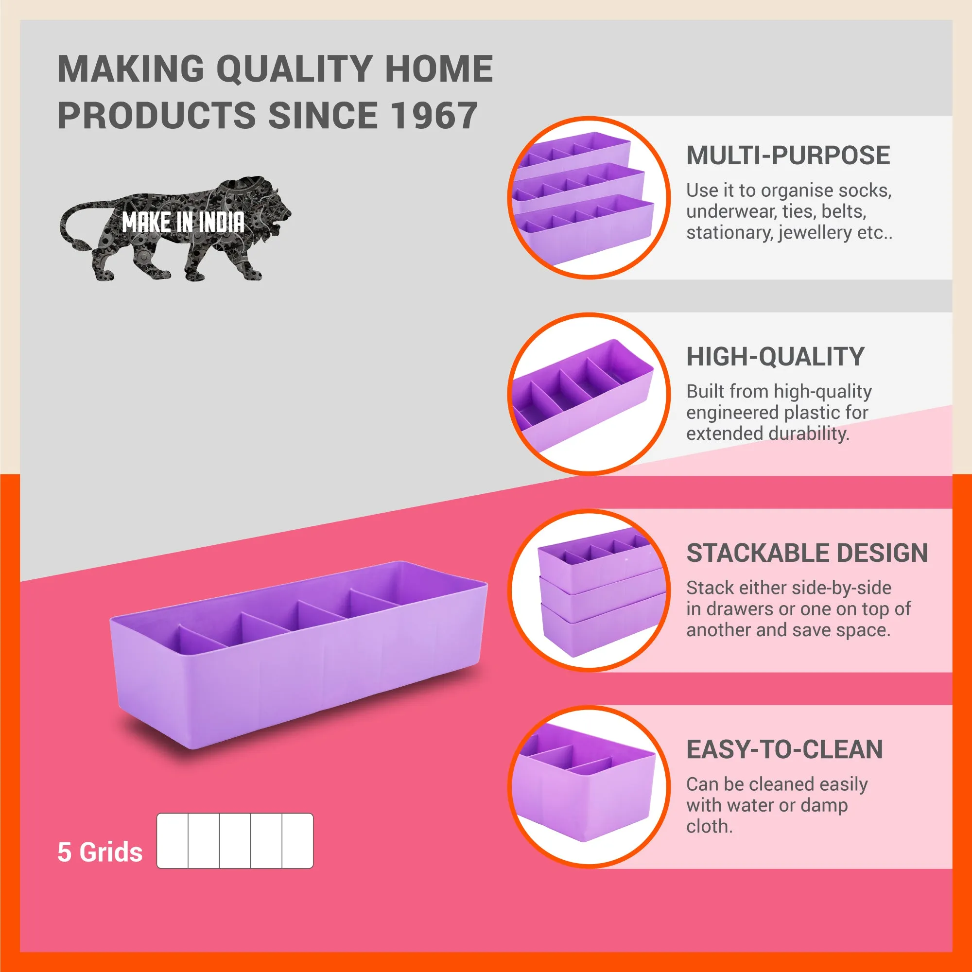 Stomo Dori Multi-Purpose Stackable Drawer Organizer For Home | Lavender - Set of 8