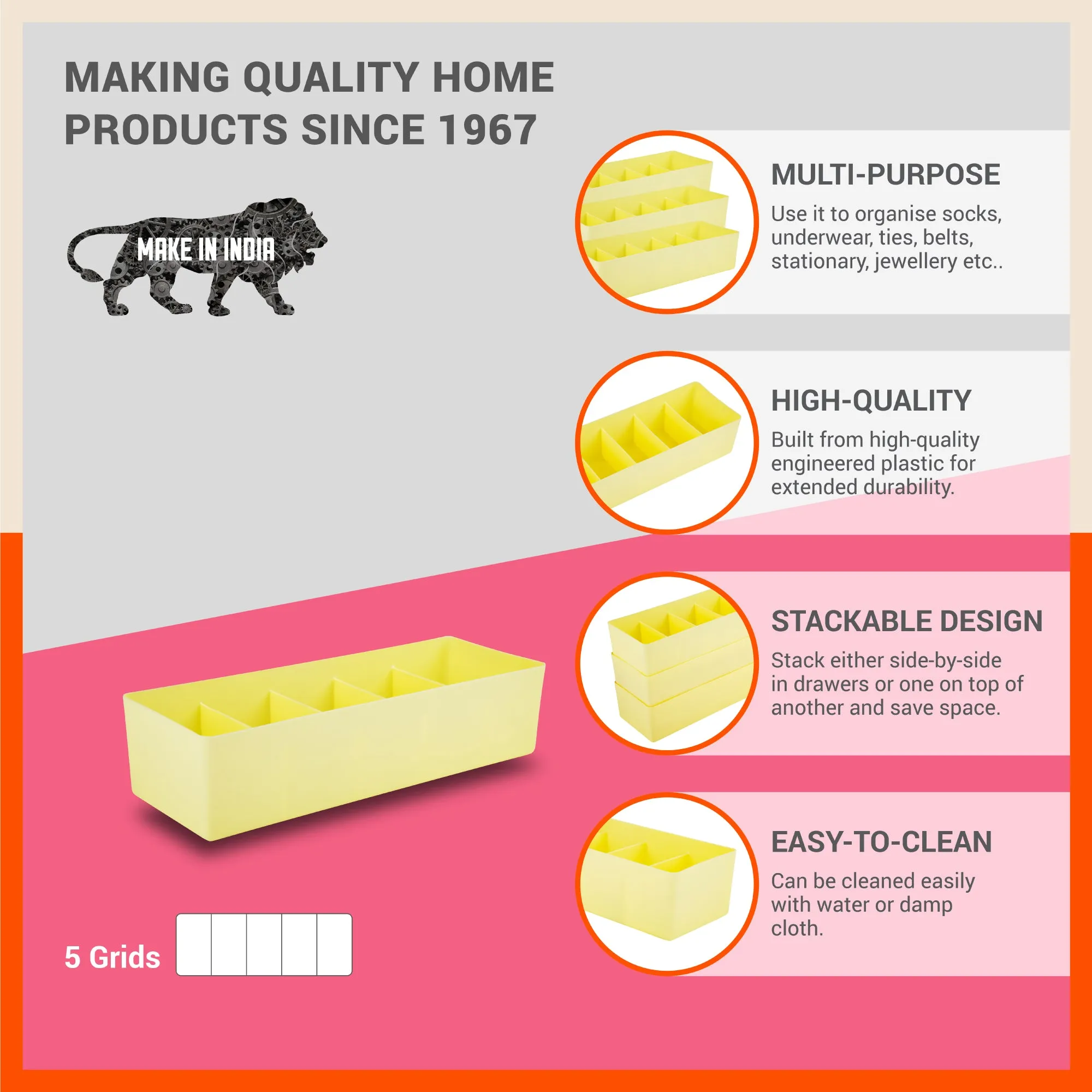 Stomo Dori Multi-Purpose Stackable Drawer Organizer For Home | Lemon - Set of 3