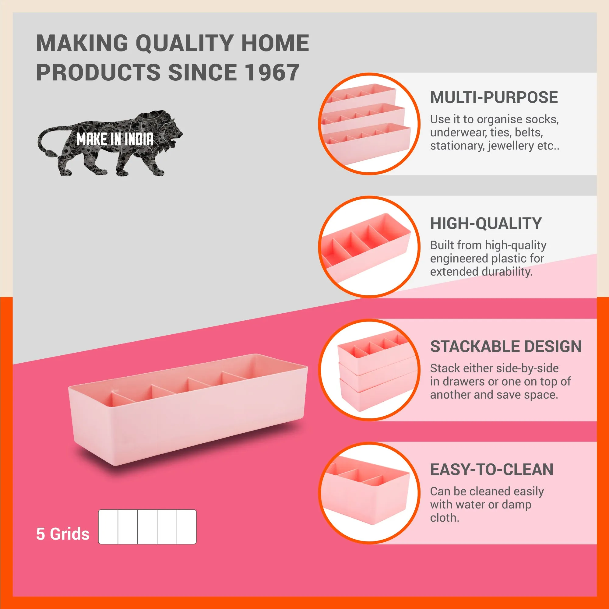Stomo Dori Multi-Purpose Stackable Drawer Organizer For Home | Peach - Set of 16