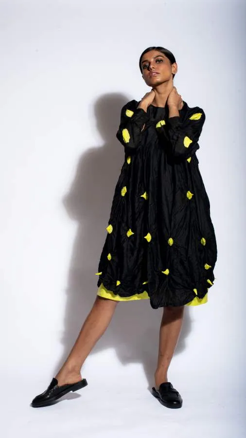 Studio Medium   I   Silk Tie=Dye Dress Black Lime Polka
