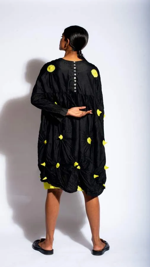 Studio Medium   I   Silk Tie=Dye Dress Black Lime Polka