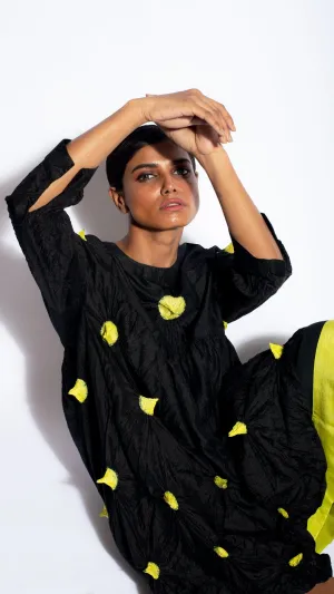 Studio Medium   I   Silk Tie=Dye Dress Black Lime Polka