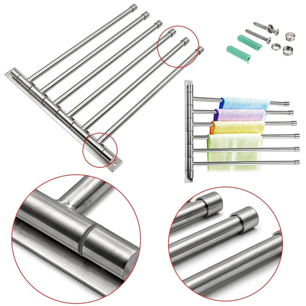 Sumnacon Wall Mounted Swing Towel Bar - Silver Stainless Steel Bath Towel Rod Arm, Bathroom/Kitchen Swivel Towel Rack Hanger Holder Organizer, Folding Space Saver Towel Rail (6 Bar)