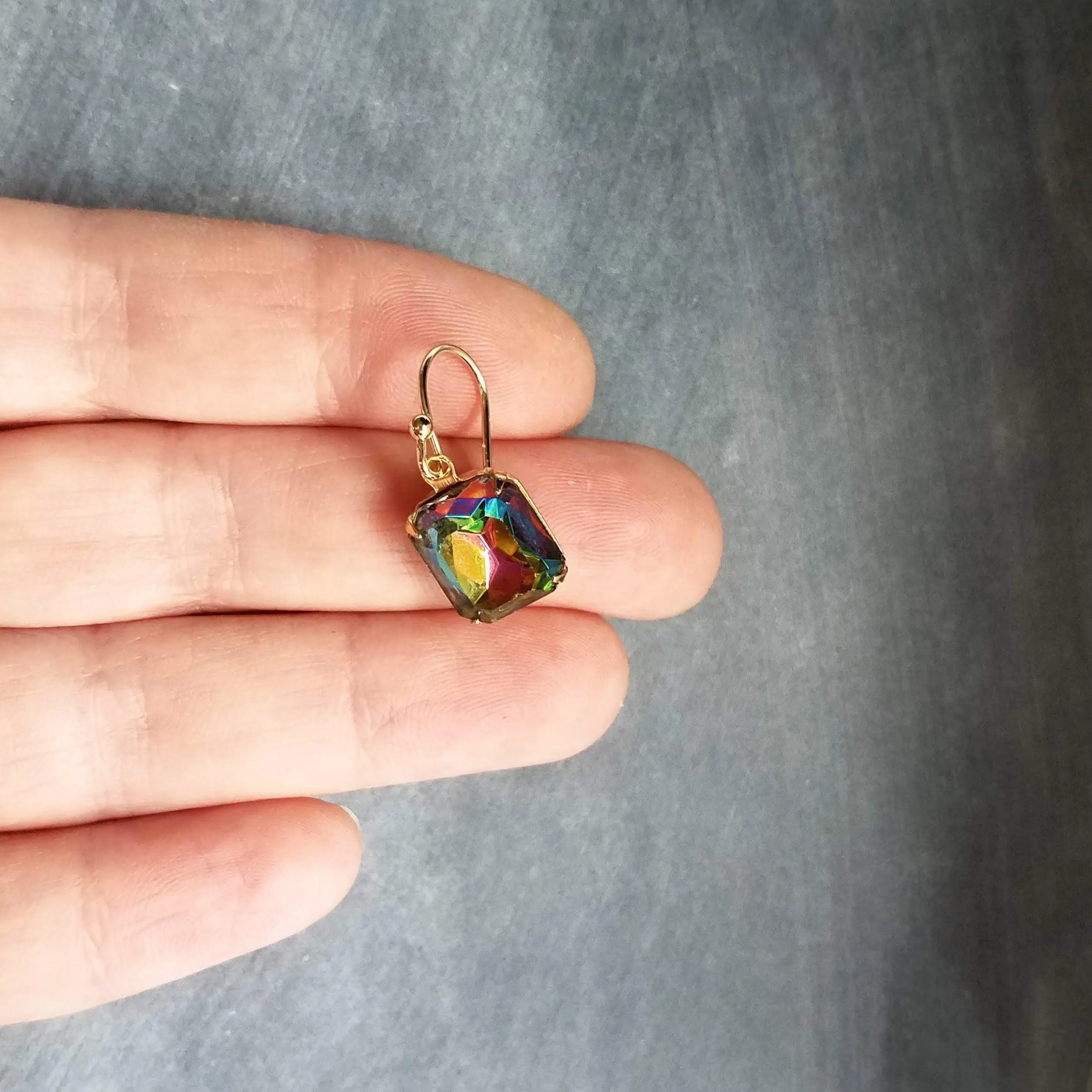 Swarovski Crystal Rectangle Earrings, large crystal earring, rainbow crystal, 1 in jewel tone gold crystal earring vitrail drop octagon cube