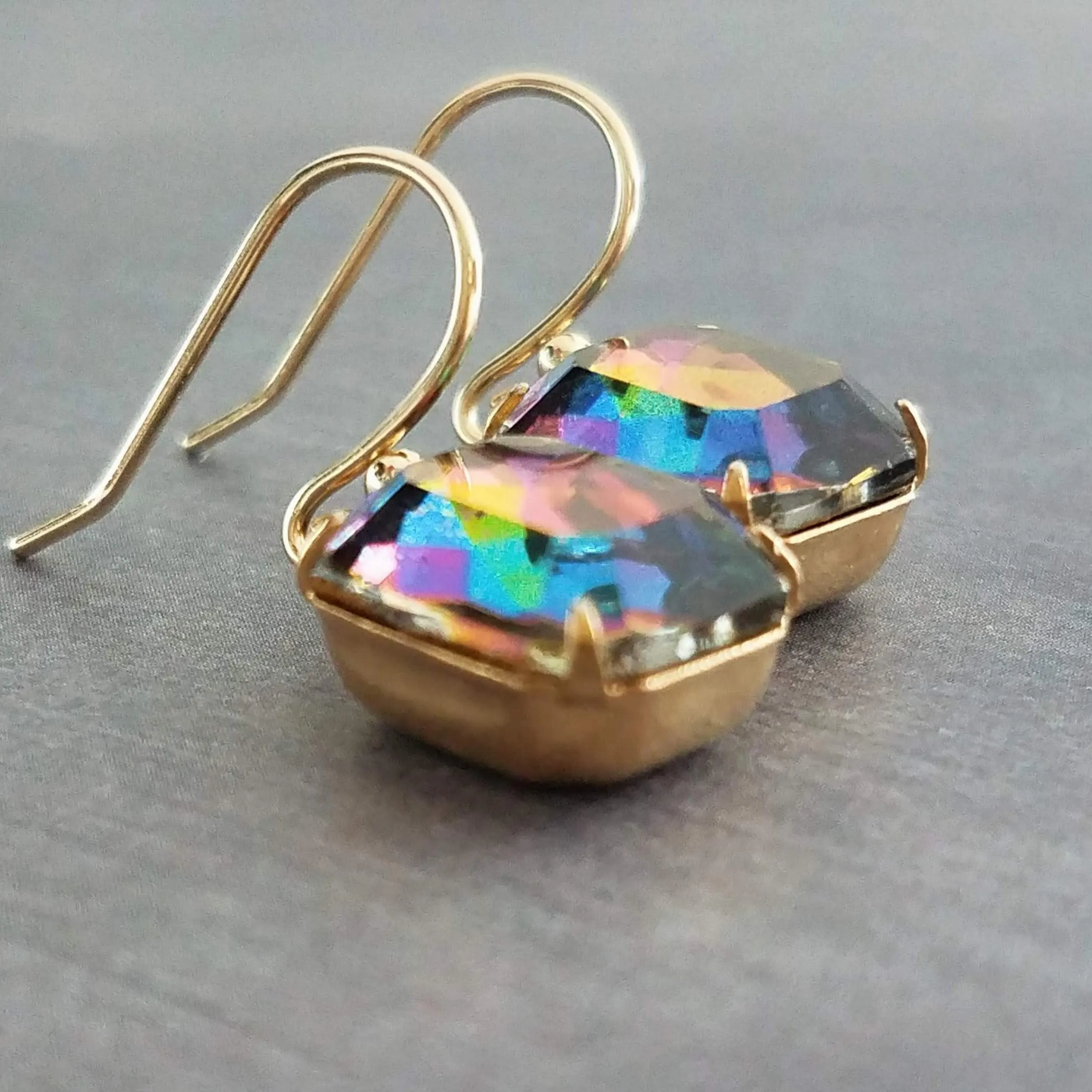 Swarovski Crystal Rectangle Earrings, large crystal earring, rainbow crystal, 1 in jewel tone gold crystal earring vitrail drop octagon cube