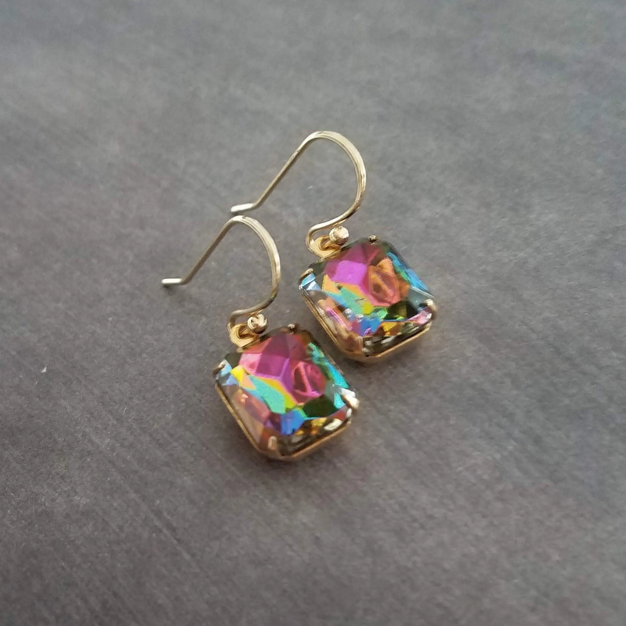 Swarovski Crystal Rectangle Earrings, large crystal earring, rainbow crystal, 1 in jewel tone gold crystal earring vitrail drop octagon cube