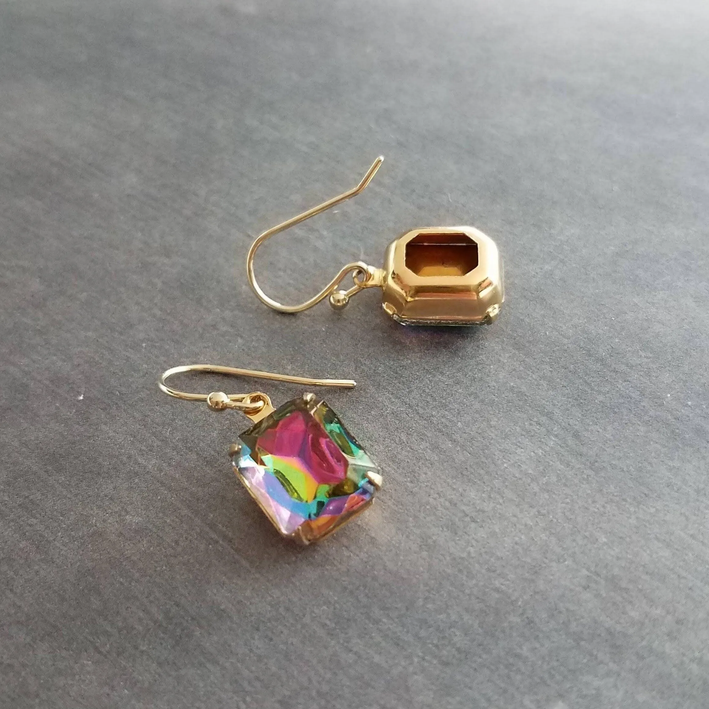 Swarovski Crystal Rectangle Earrings, large crystal earring, rainbow crystal, 1 in jewel tone gold crystal earring vitrail drop octagon cube