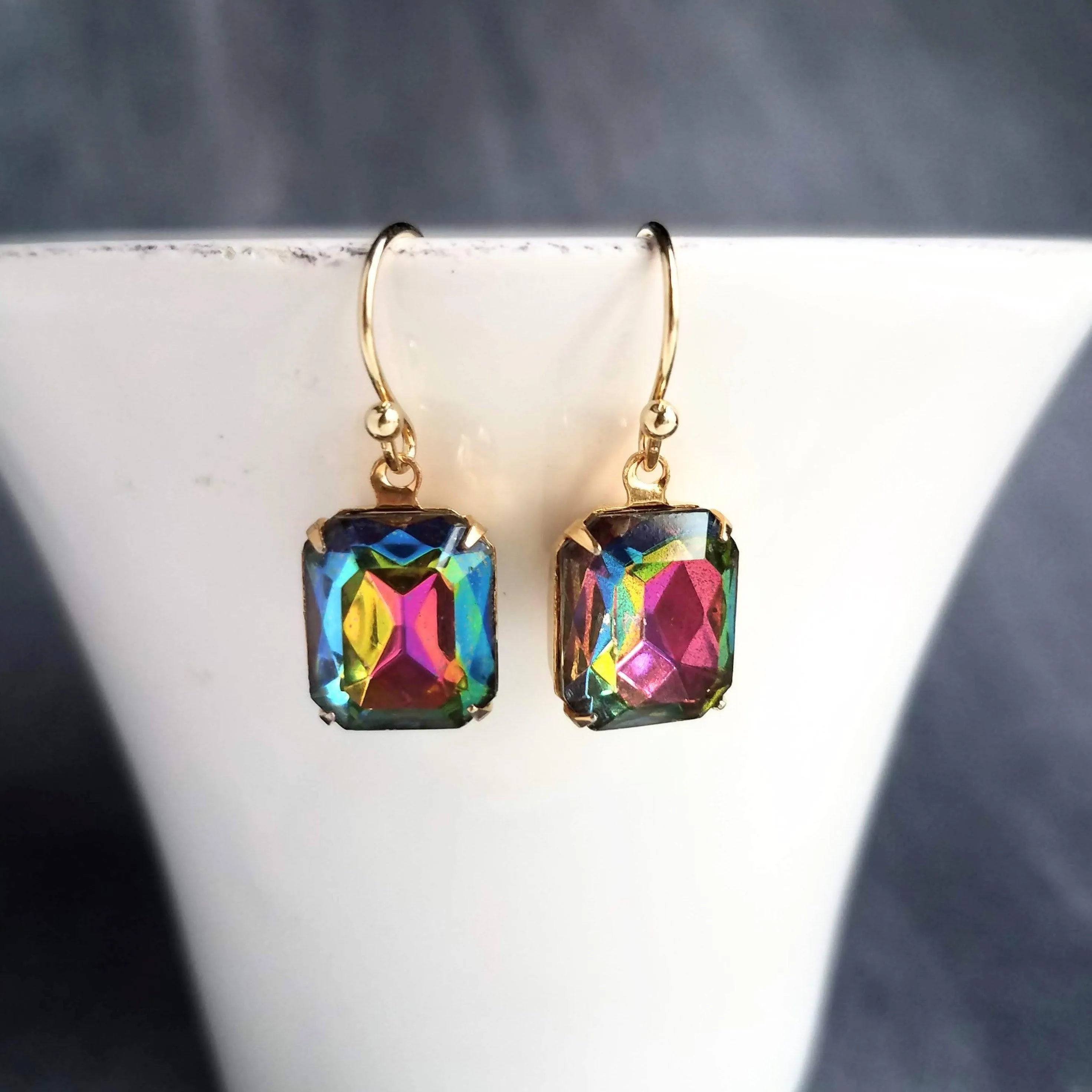 Swarovski Crystal Rectangle Earrings, large crystal earring, rainbow crystal, 1 in jewel tone gold crystal earring vitrail drop octagon cube
