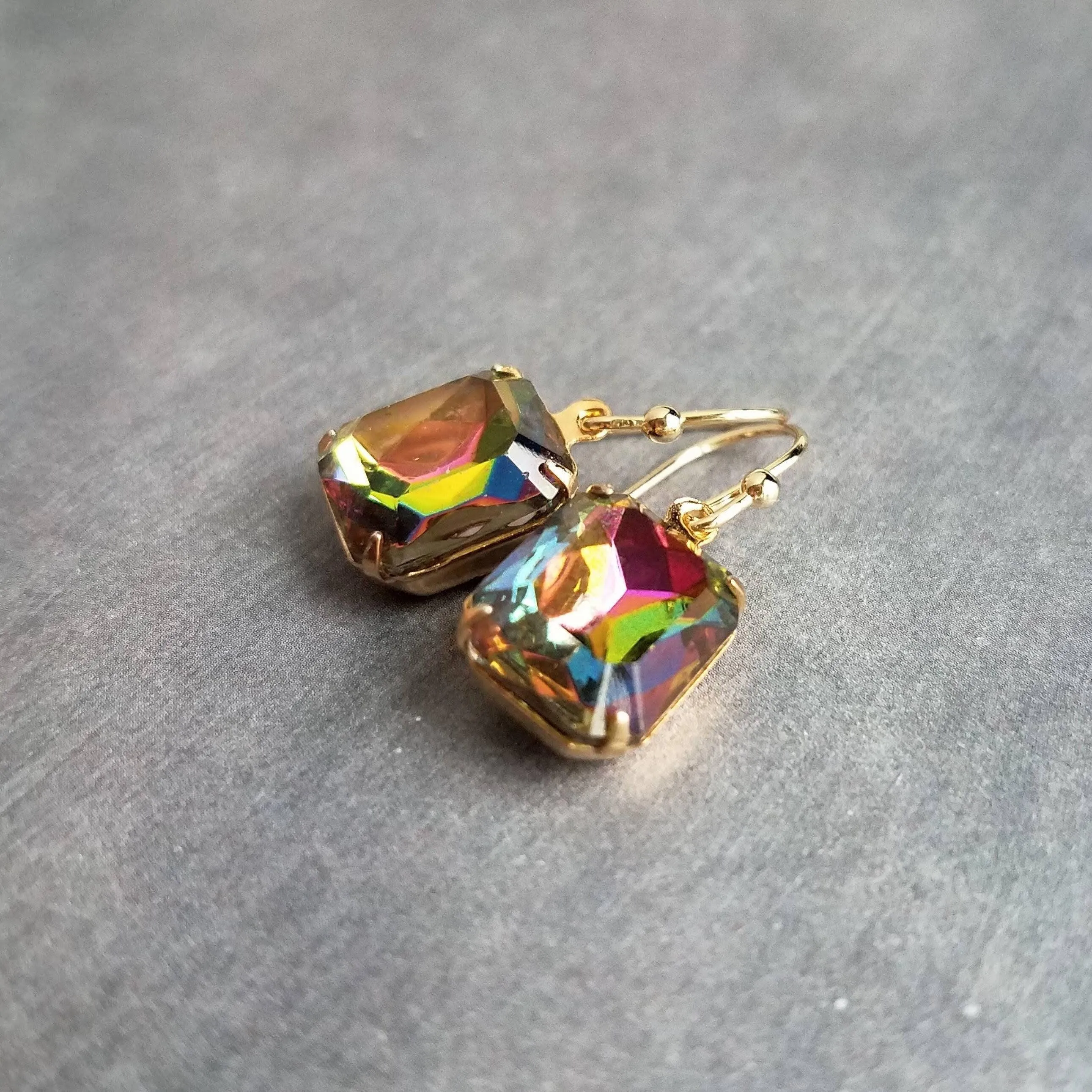 Swarovski Crystal Rectangle Earrings, large crystal earring, rainbow crystal, 1 in jewel tone gold crystal earring vitrail drop octagon cube