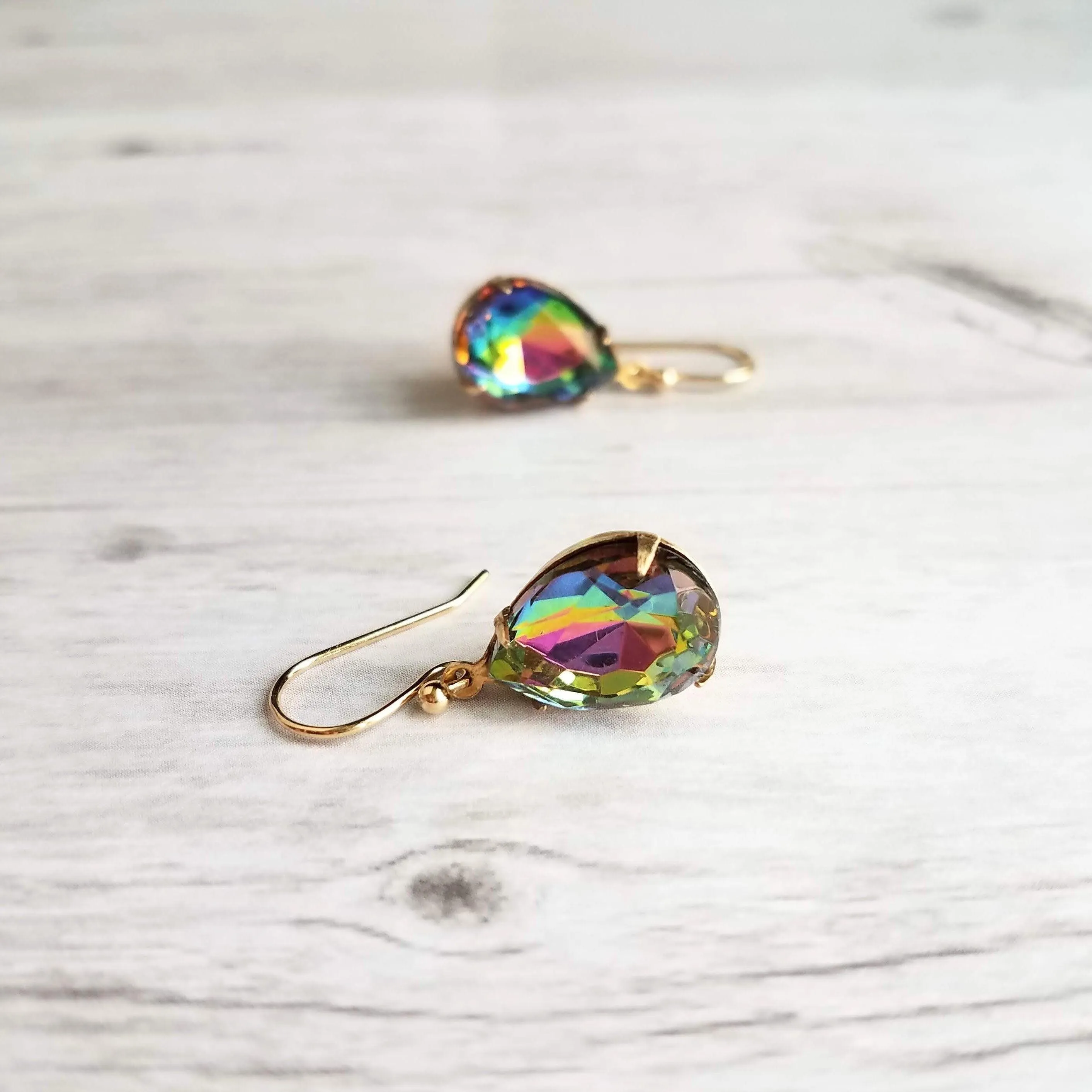 Swarovski Crystal Teardrop Earrings - large crystal earring, rainbow crystal earring, jewel tone earrings, gold crystal earring, vitrail drop