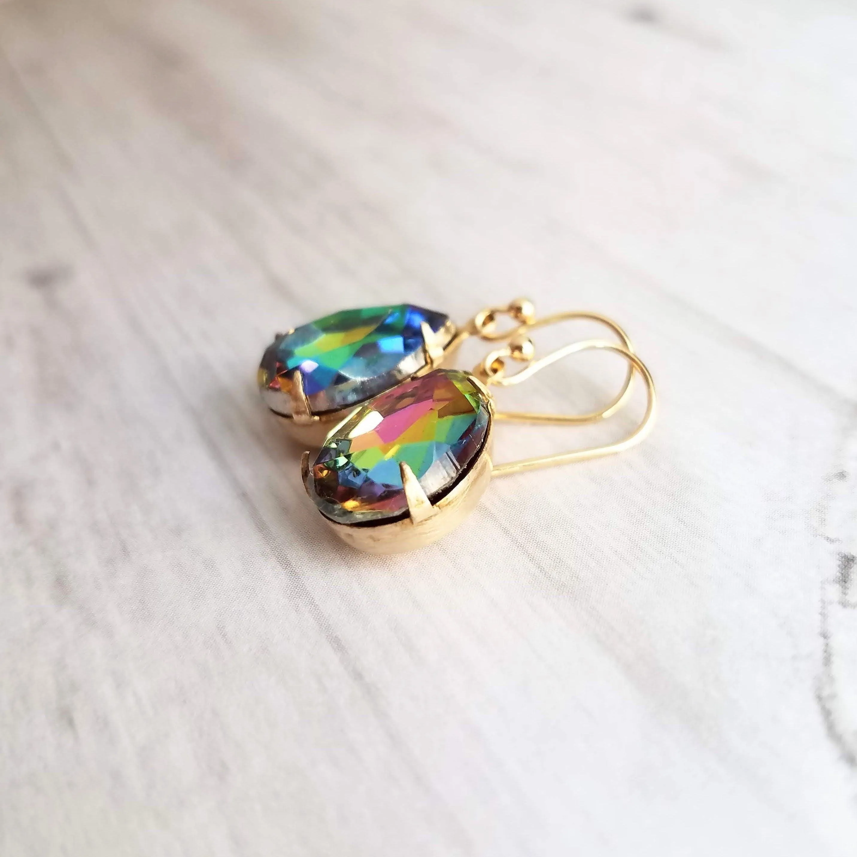 Swarovski Crystal Teardrop Earrings - large crystal earring, rainbow crystal earring, jewel tone earrings, gold crystal earring, vitrail drop