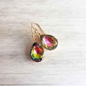 Swarovski Crystal Teardrop Earrings - large crystal earring, rainbow crystal earring, jewel tone earrings, gold crystal earring, vitrail drop