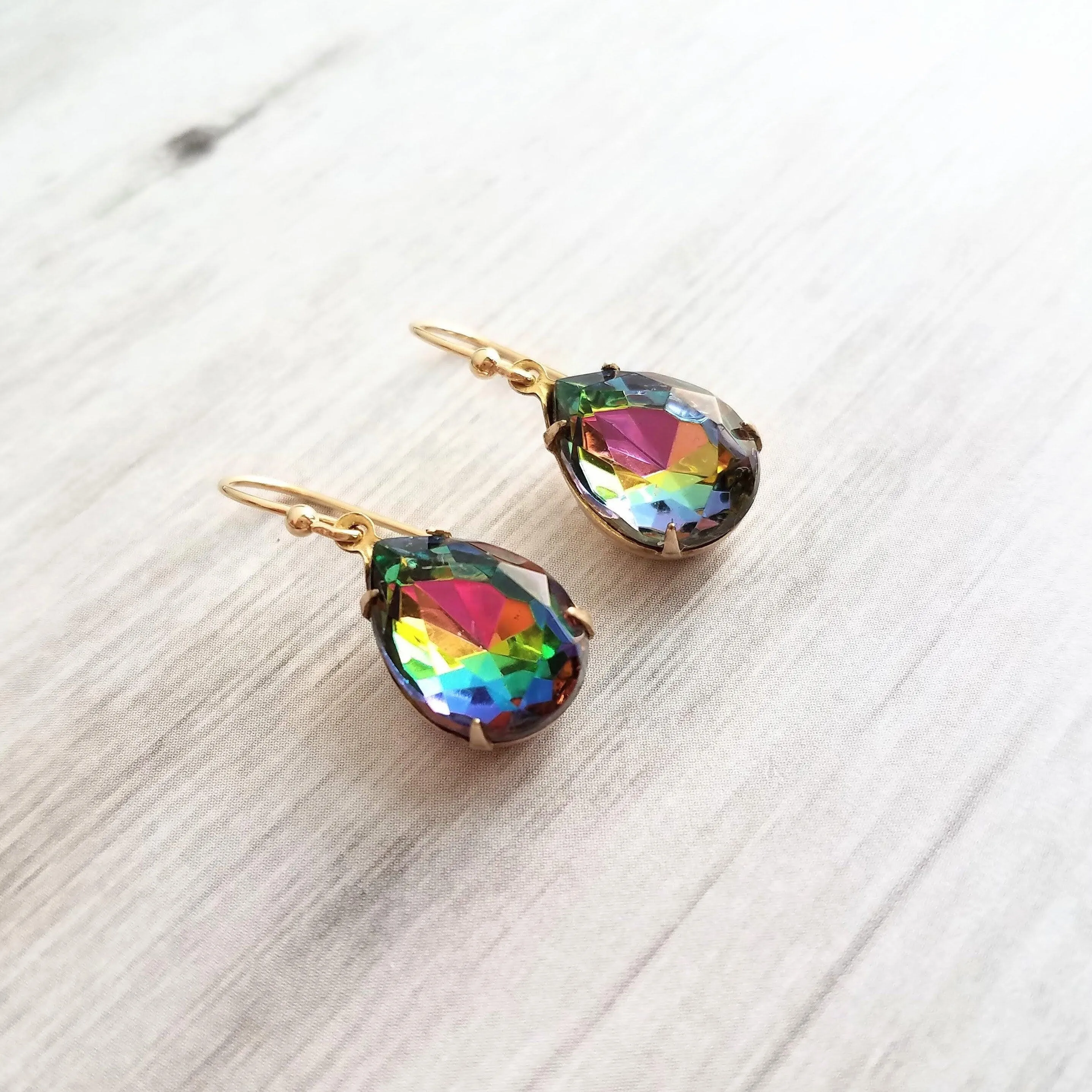 Swarovski Crystal Teardrop Earrings - large crystal earring, rainbow crystal earring, jewel tone earrings, gold crystal earring, vitrail drop