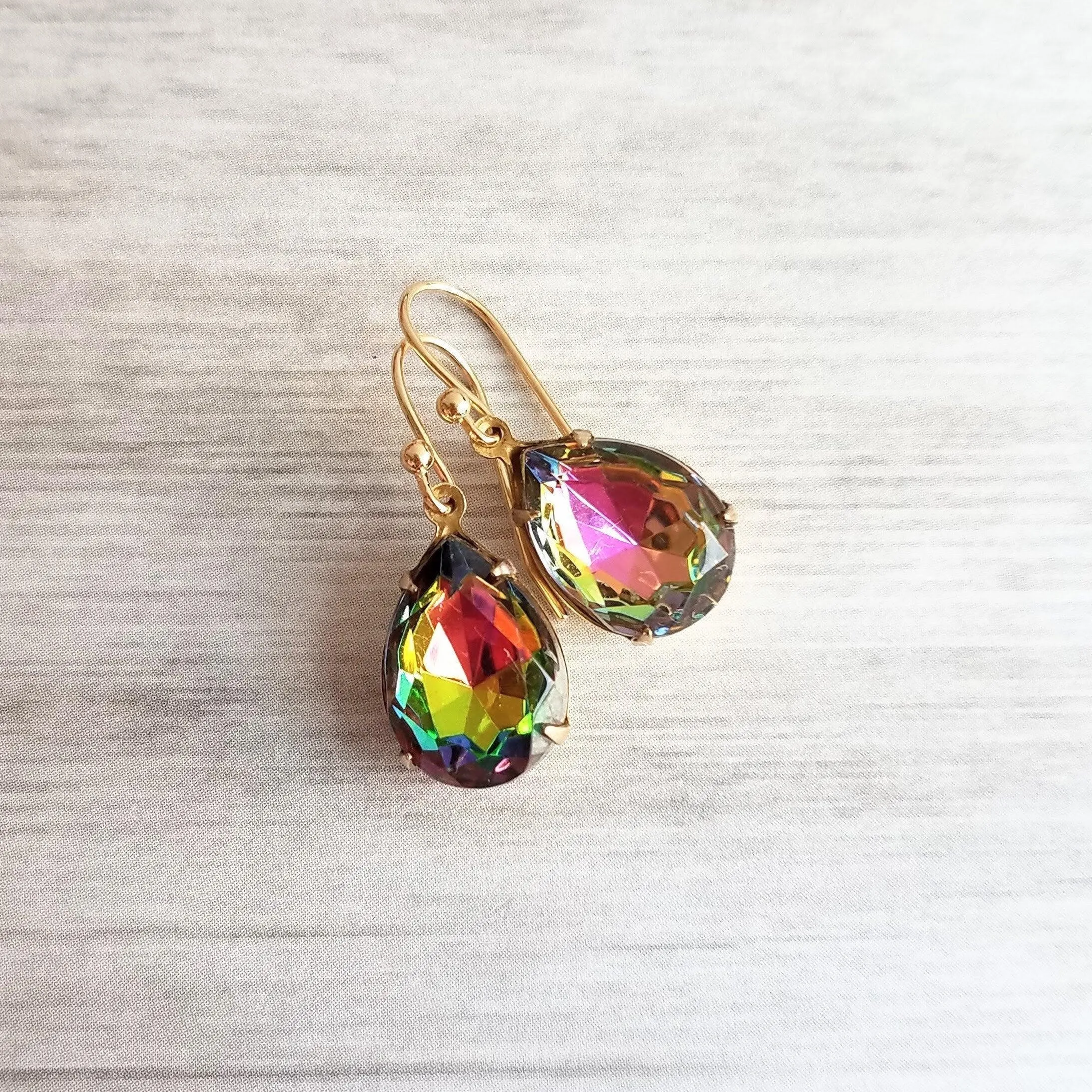 Swarovski Crystal Teardrop Earrings - large crystal earring, rainbow crystal earring, jewel tone earrings, gold crystal earring, vitrail drop